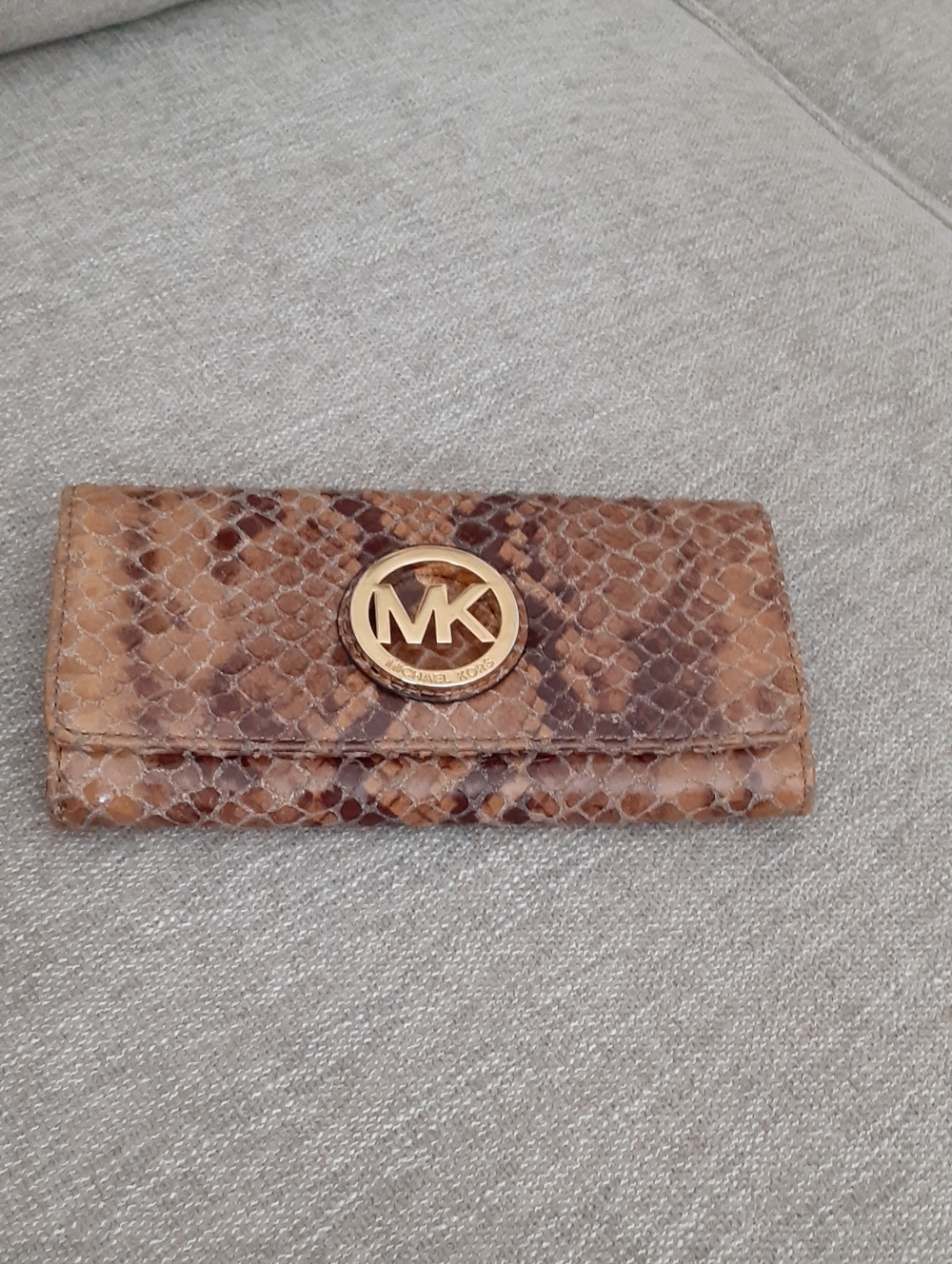 Michael Kors Brown Tan Snake-Print Continental Wallet with Gold MK Emblem